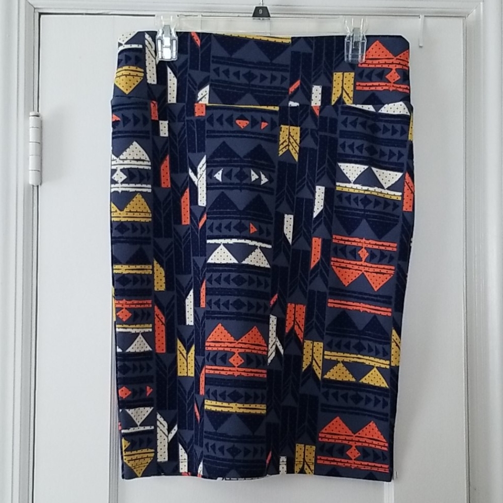 LuLaRoe Navy Pencil Skirt with Orange, Yellow & White Tribal Print